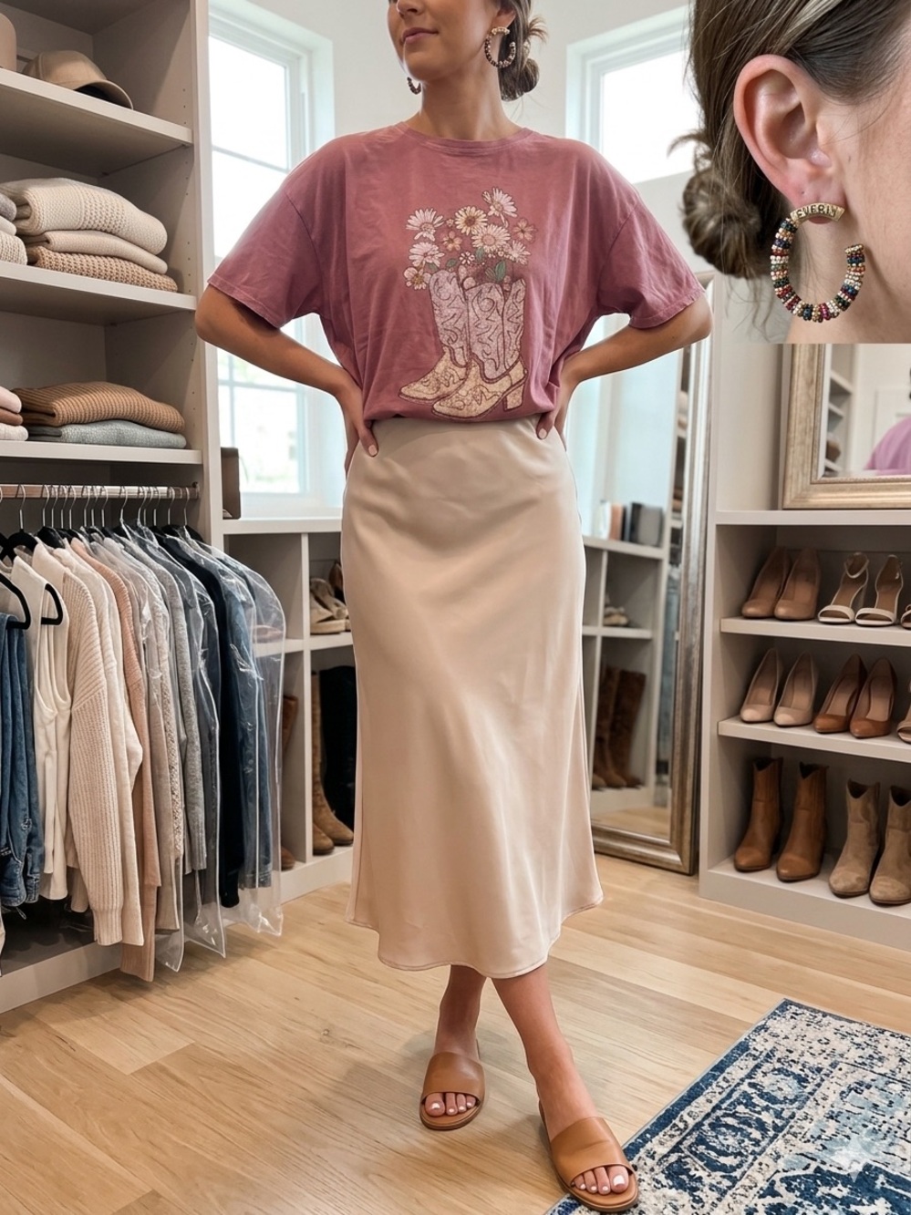 Dusty Rose Graphic Tee with Daisies and Boots, Skirt and nwt Earrings